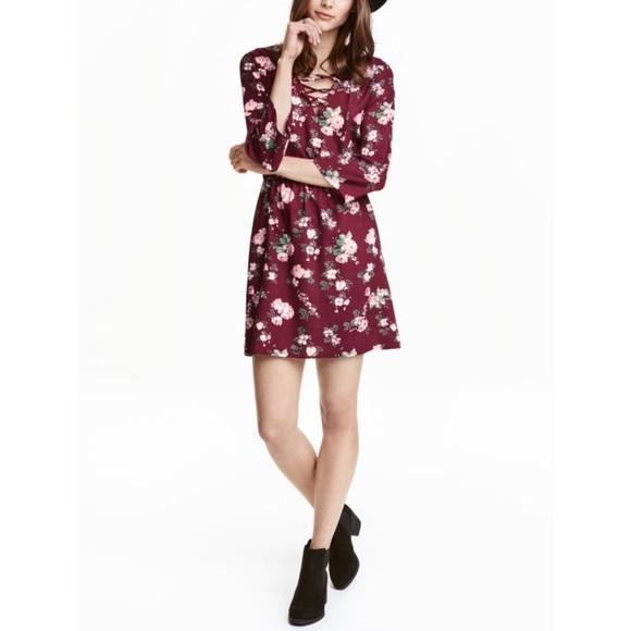 H&M Dresses & Skirts - Burgundy Lace Up neck dress